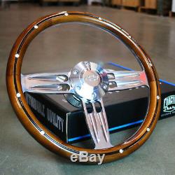 14 Inch Polished & Wood Steering Wheel Chevy Bowtie Horn, 6 Hole C10 Camaro