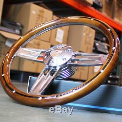 14 Inch Polished & Wood Steering Wheel Chevy Bowtie Horn, 6 Hole C10 Camaro