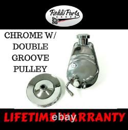BBC SBC Chevy Chrome Saginaw Style Power Steering Pump with Double Groove Pulley