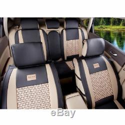 Car Seat Cover PU Leather Mesh 5-Seats Front+Rear+Pillows Set Black/Beige Size M