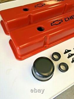 Chevrolet Steel Valve Covers Orange Tall Chevy Engine Dress Up Kit 283-400 NEW