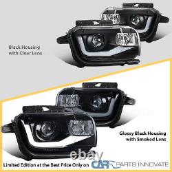Fit 10-13 Chevy Camaro LED Bar Glossy Black Projector Headlights Lamp Left+Right