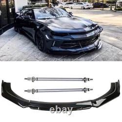 For Chevy Camaro Gloss Black Front Bumper Lip Spoiler Kit Splitter + Strut Rods