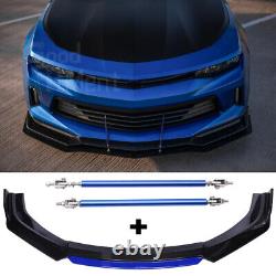 For Chevy Camaro LT SS RS Black & Blue 4Pc Front Bumper Lip Splitter +Strut Rods