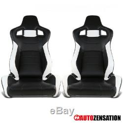 Left+Right Reclinable Sport Racing Seats Black/White Leather with Slider