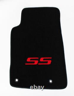 NEW BLACK Floor Mats 2010 2015 Camaro Embroidered SS Logo in Red 2 pc Set Pair