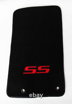 NEW BLACK Floor Mats 2010 2015 Camaro Embroidered SS Logo in Red 2 pc Set Pair