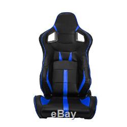 Universal Black/Blue Strip PVC Leather Left/Right Racing Bucket Seats + Slider
