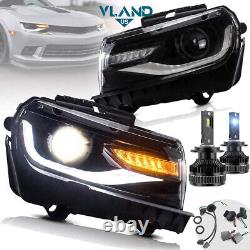 VLAND DRL Projector Headlights + D2S Bulbs For Chevy Camaro 2014 2015 Sequential